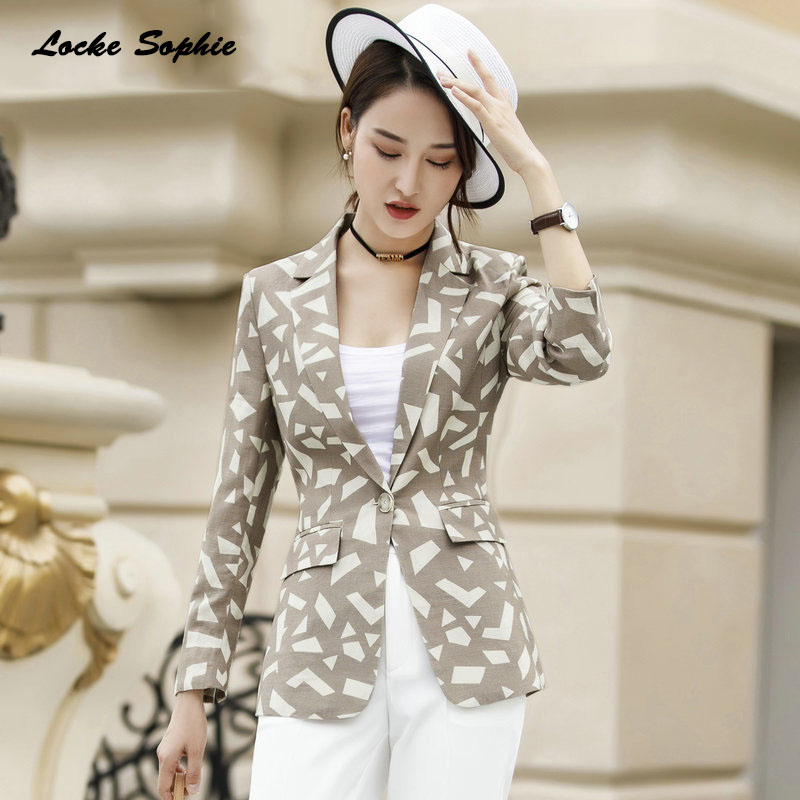 

1pcs Women' Plus size Blazers coats 2019 Summer cotton Prints Single buckle Suits jackets ladies Skinny Blazers Suits coats, Blue