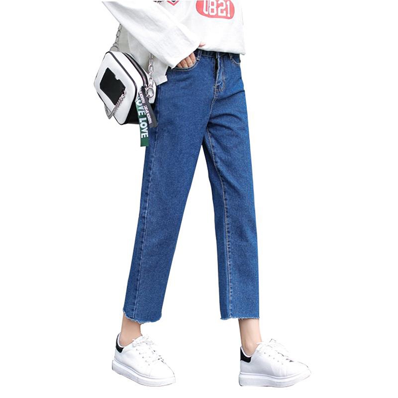 

Fashion Women High Waist Elastic Tassel Denim Pants Straight Loose Casual Long Femme Trousers Female Boyfriend Jeans, Blue