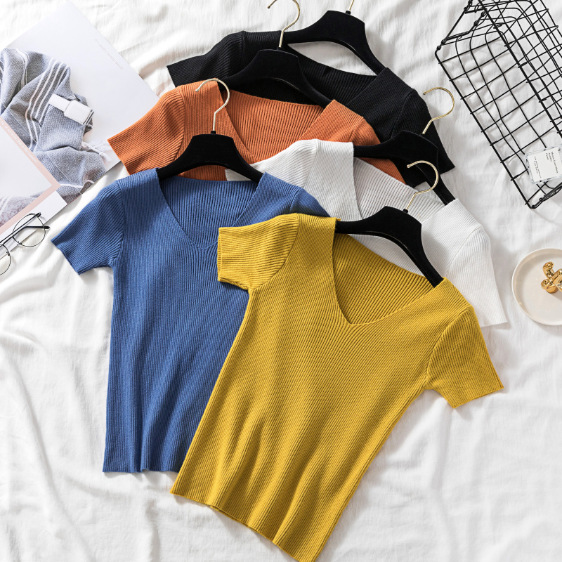 

Autumn Tops V Neck Female Pullovers 2019 New Short Casual Knitted Sexy Summer Fashion Solid Sweater Women Jumper T Shirt X974, Black