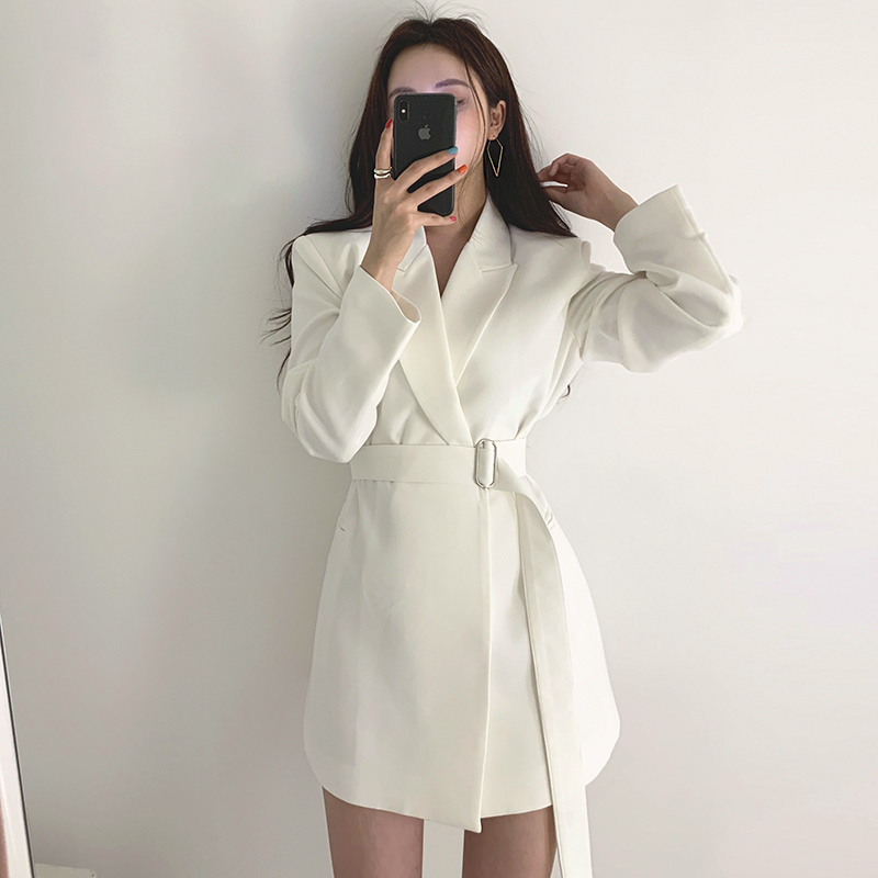 

Women Black/White Blazer Ladies Office Notched Long Sleeve Bandage Sashes Female Outerwear Elegant 2020 Autumn New Fashion