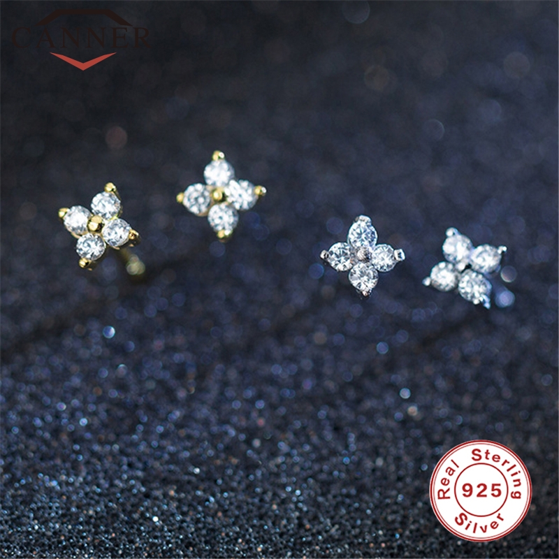 

925 Sterling Silver Flower Earrings Korean Small Fresh Crystal Zircon Stud Earrings for Girl four-leaf Lucky Jewelry