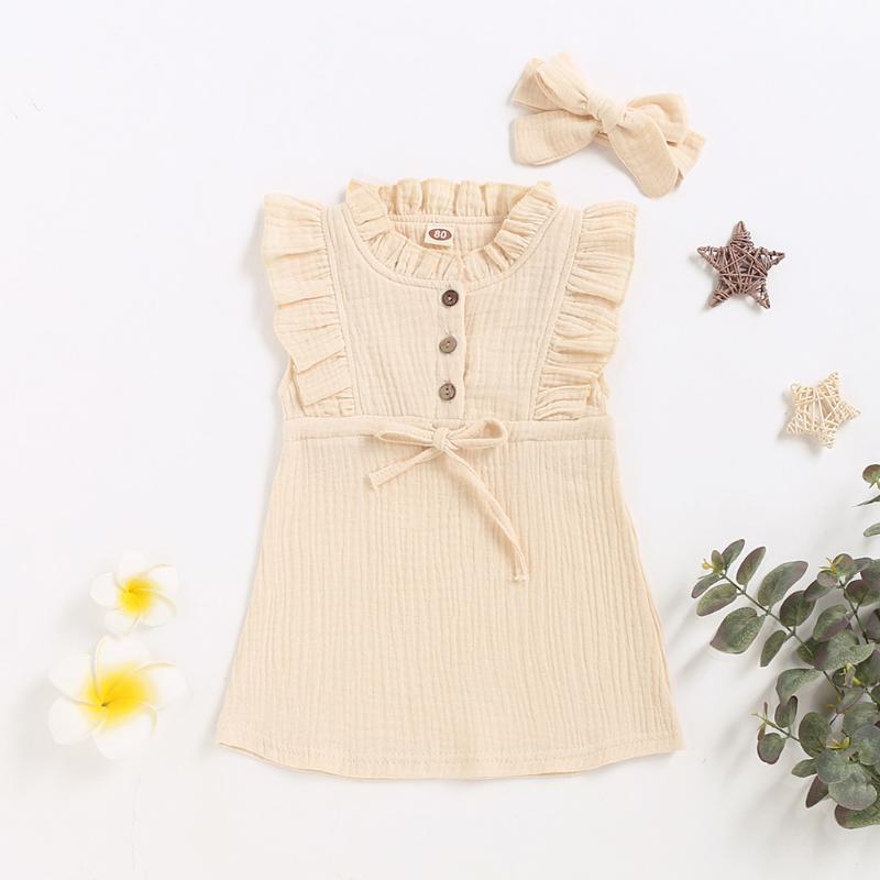 

6M-4T) Children's sleeveless solid color cotton and linen ruffled flying sleeve skirt + hair band set summer refreshing S4, As photo