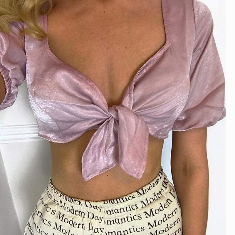 

Summer Slim elegant blouse shirt women 2019 Retro Sexy Short-sleeved V-neck cardigan with bandage blouse Top Shirt women, Pink