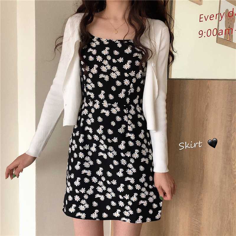 

Sexy Floral Dungaree Dress Summer New Daisy Elegant Dress Skirt Long Sleeve Cardigan Women, White cardigan