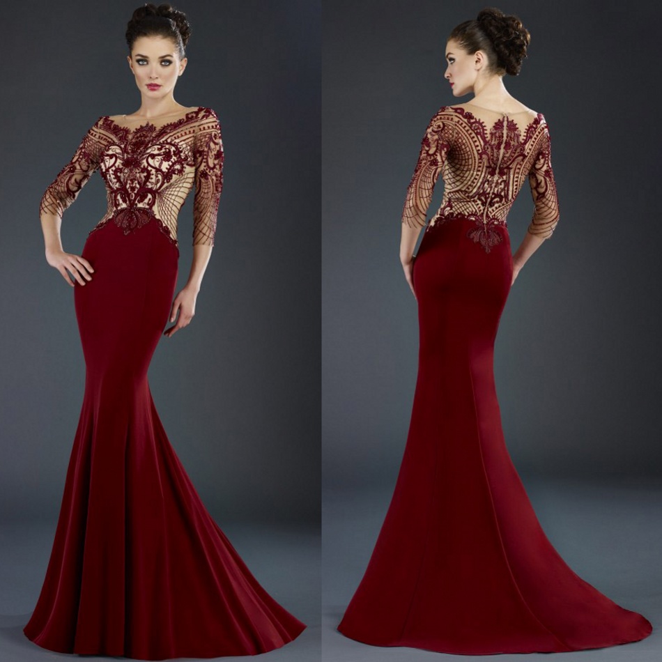 

Sexy Janique Mermaid Mother of The Bride Dresses Jewel 3/4 Long Sleeve Lace Applique Crystal Wedding Guest Dress Sweep Train Evening Gowns