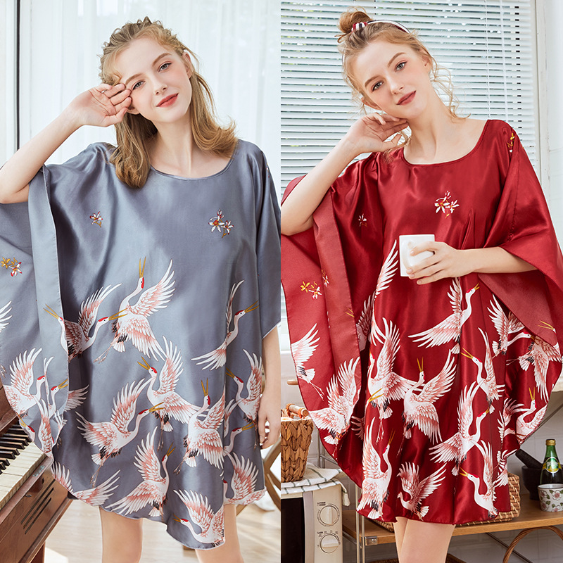 

Ice Silk Nightdress Women Spring And Autumn Thin Section Spinning Silk Summer Bat Sleeve Large Size Simple Casual Home Service, Red