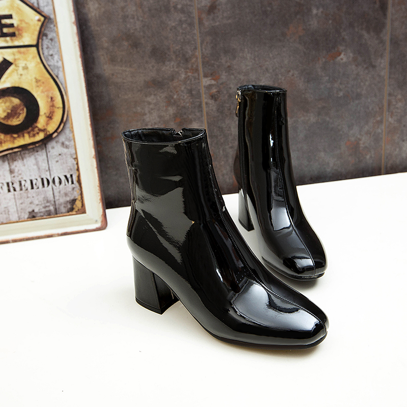 

2020 New Silver Gold Women Ankle Boots Square head Chunky High Heel Boots Mirror Metallic Women Pumps Female Sexy Stiletto, 1 black
