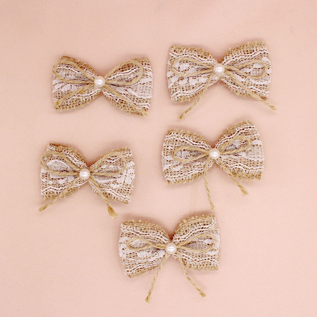 

60pcs/lot Vintage Natural Jute Burlap hessian bows lace ribbon trim rustic Wedding Decoration marriage party decor bowknot