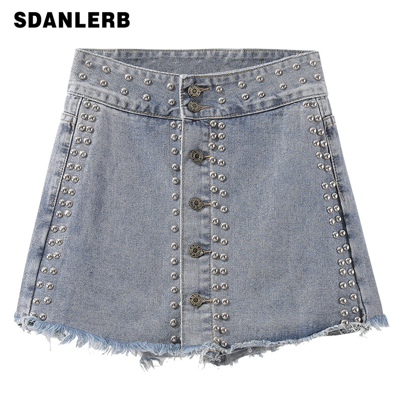 

Rivet Jean Shorts Women INS High Waist Cowboy Short Skirt Style Shorts Women' Spring Summer New A- Line Jean Pants, Blue