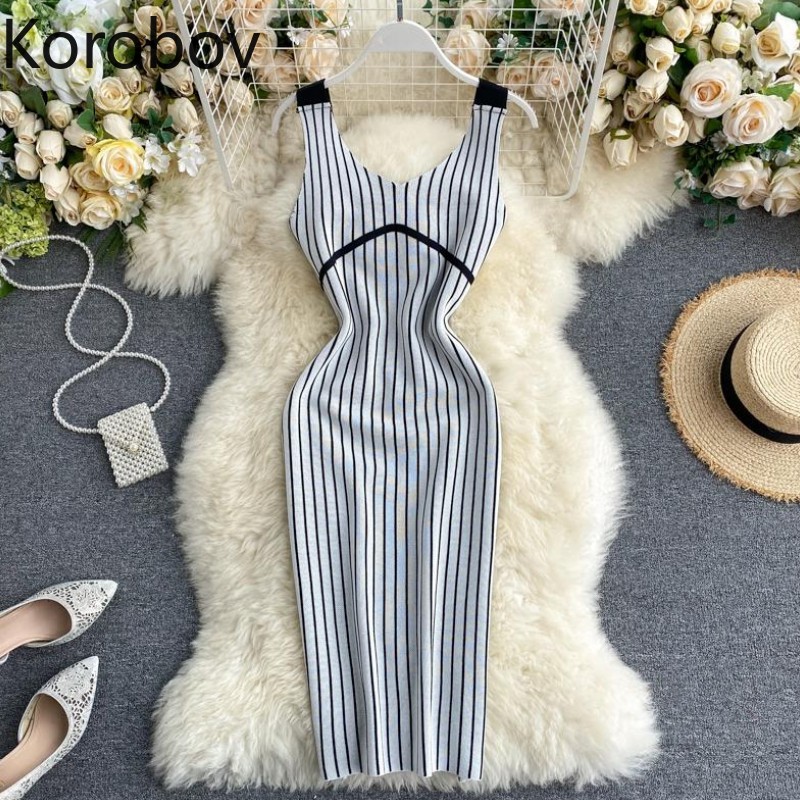

Korobov 2020 Summer New Arrival Vintage Women Dress Korean Hit Color Patchwork Knitted Dresses V Neck Striped Vestidos Mujer, Black