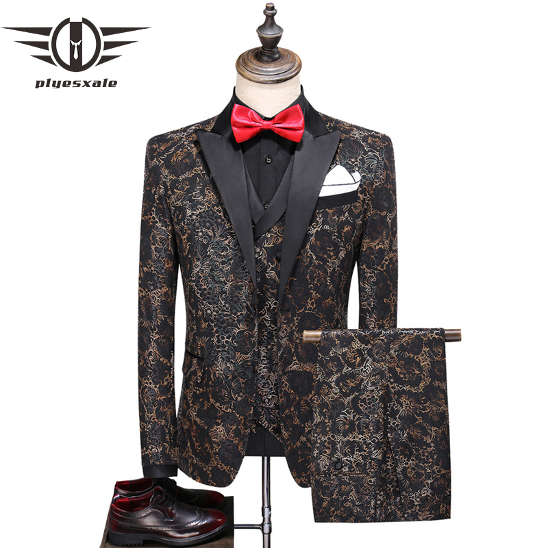 

Plyesxale Two Splits Mens Floral Printed Suits 2020 New Style Slim Fit Men Suit For Wedding 5XL Classic Jacket Pants Vest Q875, Color 2