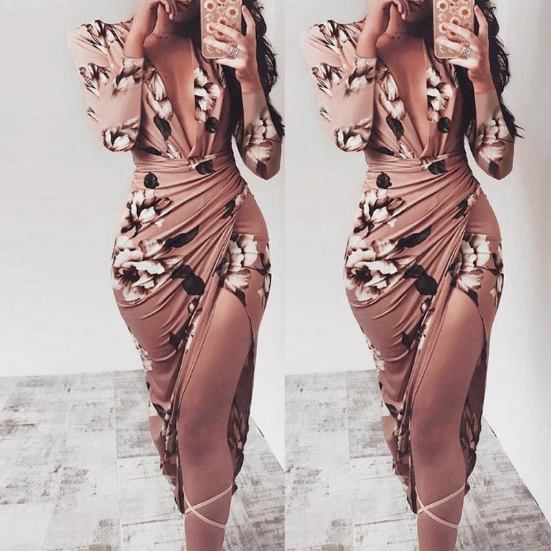 

Women V Neck Split Dress Floral Print Long Summer Spaghetti Strap Party Pink Chiffon Elegant Bodycon Maxi Dresses Beach