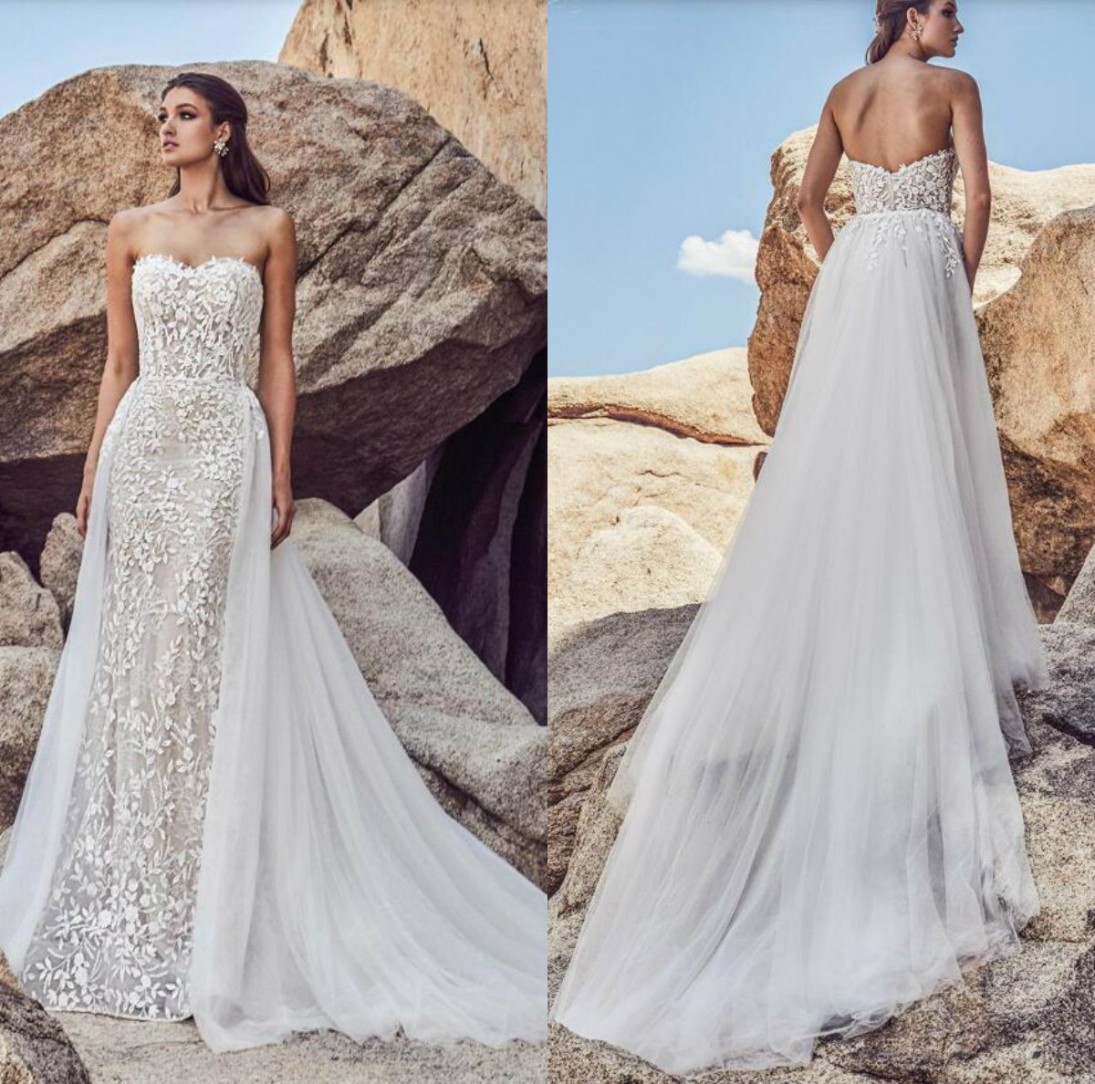 

2019 Gorgeous Mermaid Wedding Dresses Sweetheart Lace Appliques With Detachable Overskirts Plus Size Bridal Gowns Beach robe de mariée, Pink