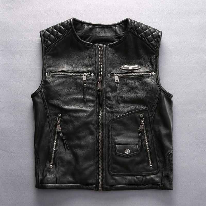

motorcycle 2020 men's fashion brand Slim Fit Sleeveless Cow Leather jacket men zipper O-neck Biker Vest male, Black