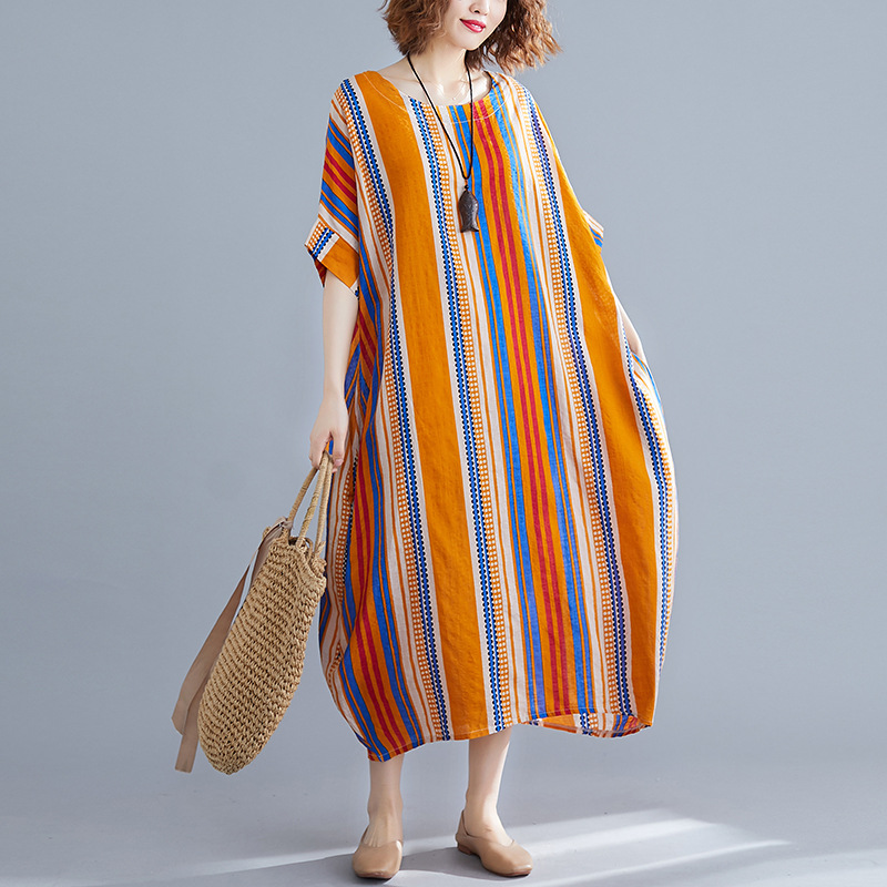 

Johnature Summer Dress 2020 New Casual Loose Striped Women Clothes Pockets O-neck Short Sleeve Mid-calf Length Ladies Dresses, Stripe