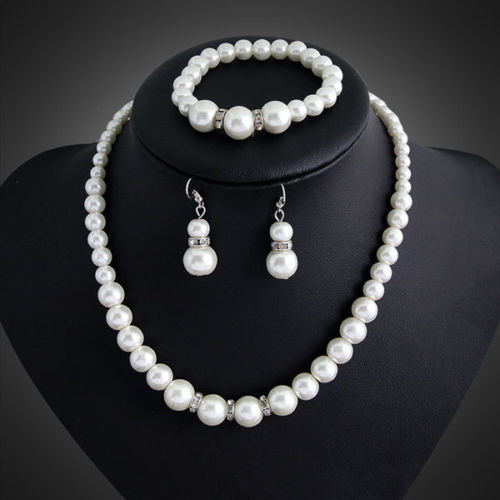 

hot sell new - New Fashion Bridal Jewelry Set Pearl Necklace Stud Earring Bracelet Set 5RT56, As pic