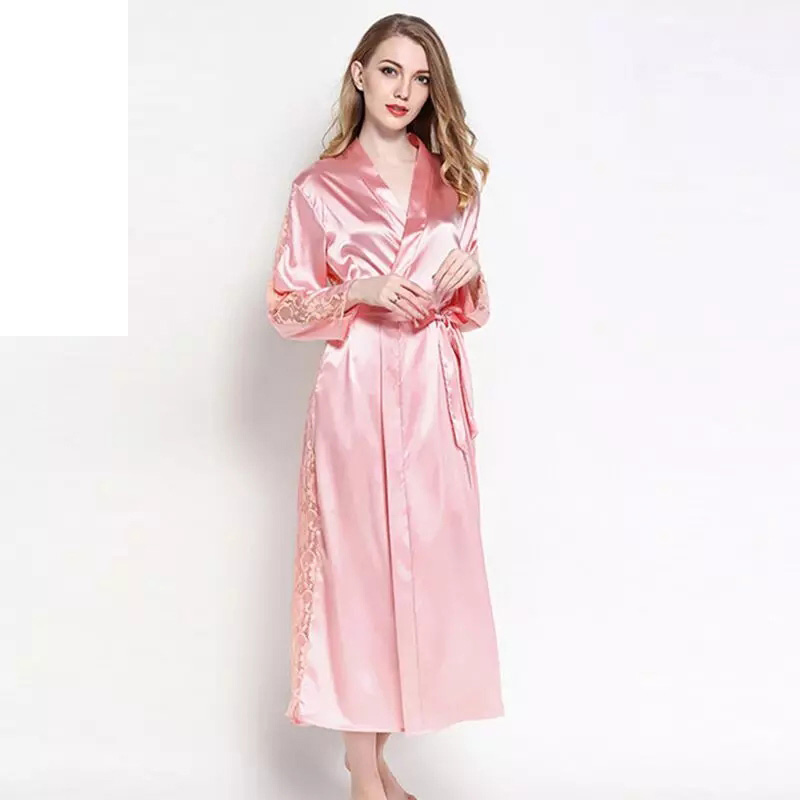 

New lace lacework ice silk nightgown women 2019 summer long section ice silk sexy lace lacework hollow lady thin robe with belt, Sunset red s3