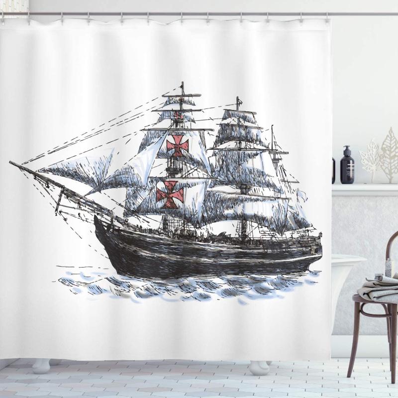 

Vintage Shower Curtain Old Aged Columbus Ship Sailing in The Imaginary Atlantic Ocean Voyage Journey Print Bathroom Decor Set