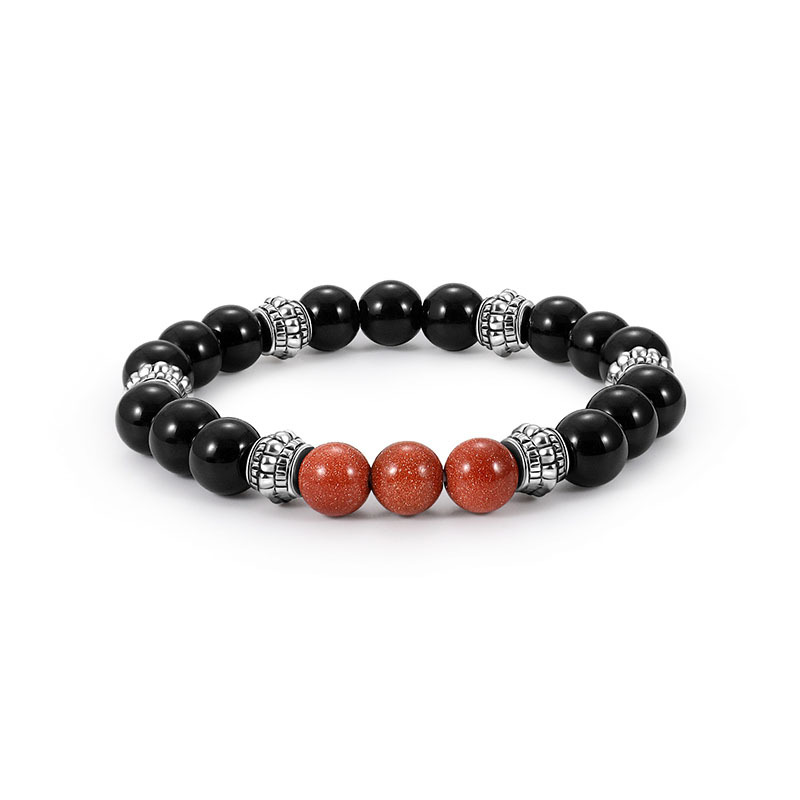 Cool Mens Handmade Bead Strands Antique Silver Metal Beads Natural Black Lava Stone Bracelet for Sale-image-440789680