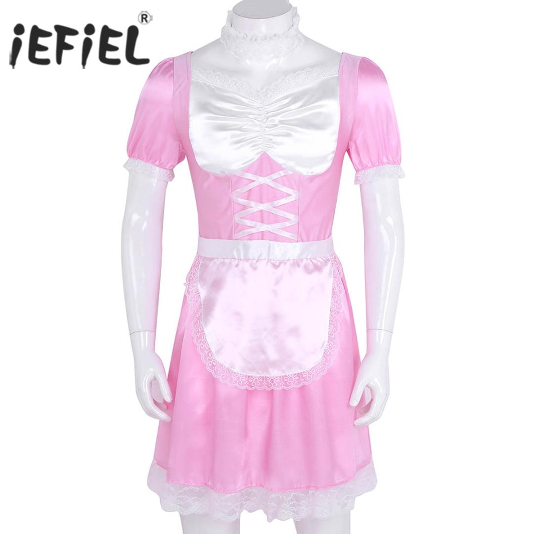 

Mens Sissy Girl Lingerie Maid Uniform Fancy Dress Role Playing Sexy Cosplay Costumes Clubwear Parties Satin Dress with Choker, Black