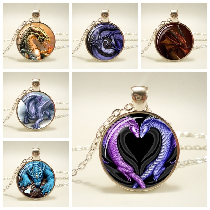 

Charms Anime Necklace Vintage Dragon Necklaces Glass Cabochon Pendant Necklace Hand Craft Jewelry For Women