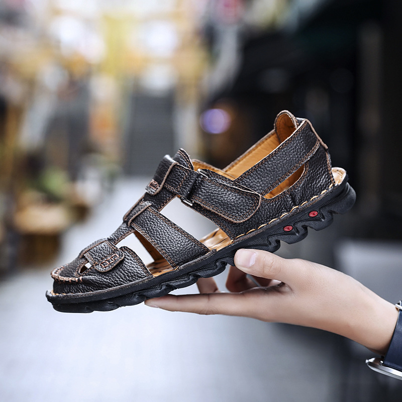 

Genuine Leather Sandals Mens Summer Beach Shoes 2020 New Rubber Sole Male Fashion Sheos Toe Closed Sandals Flat, Black