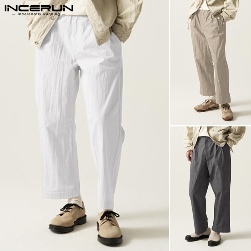 

Men Casual Pants Button Cotton Solid Loose Joggers Business Straight Pants Trousers Men Streetwear Pantalones Hombre 5XL INCERUN, White pants