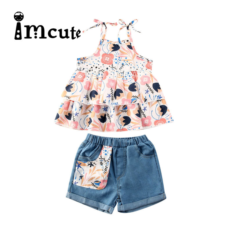 

2020 Child Girls Clothes Little Girls Outfits 2-Piece Set Kids Summer Fashion Casual Print Sling Tops + Denim Shorts Suit, As pic