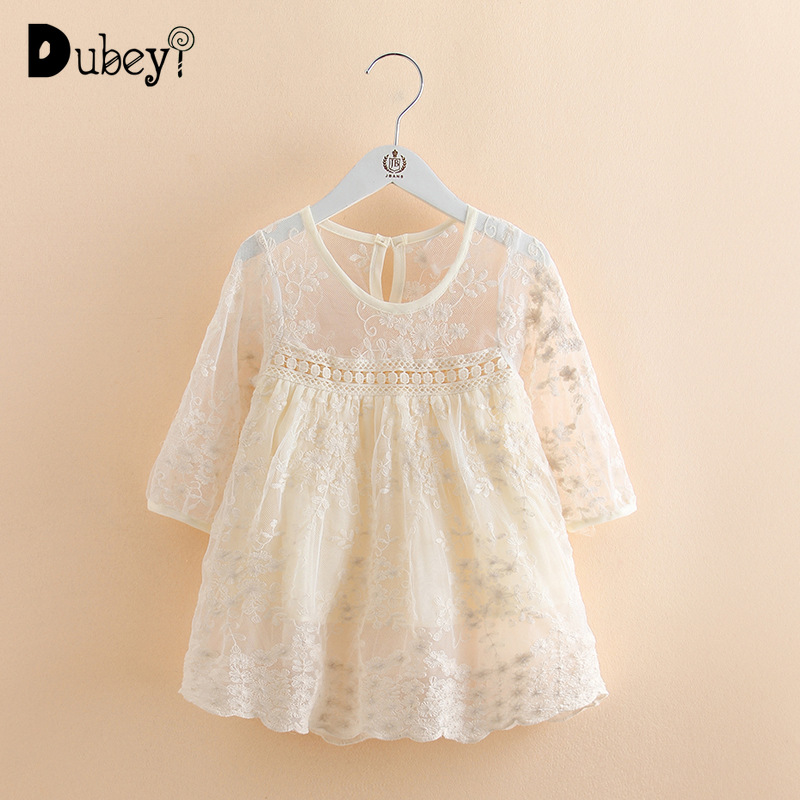 

Long Sleeve Lace A-Line Dress Elegant Little Girl Dresses Summmer Casual Cotton Breathable Clothes Toddler Girl Costumes, Beige