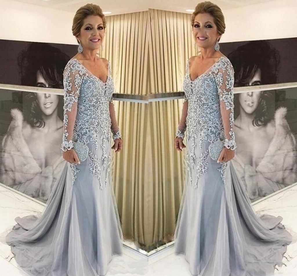

New Arrival Mermaid Plus Size Mother Of The Bride Dresses V Neck Long Sleeves Lace Appliques Tulle Beads Sweep Train Party Evening Gowns