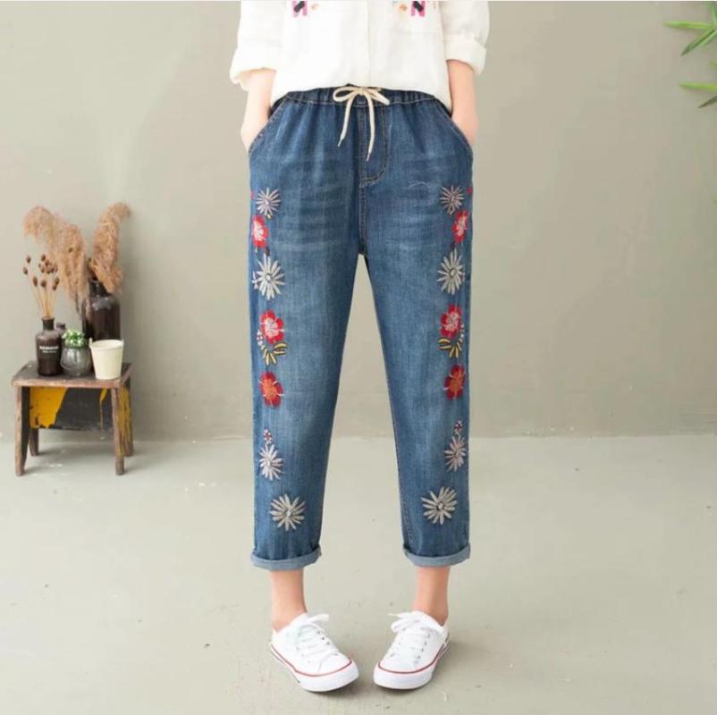 

National Wind Vintage Washed Women Jeans Floral Embroidery Sen Female Casual Loose Harem Denim Pants Elastic Waist jean femme