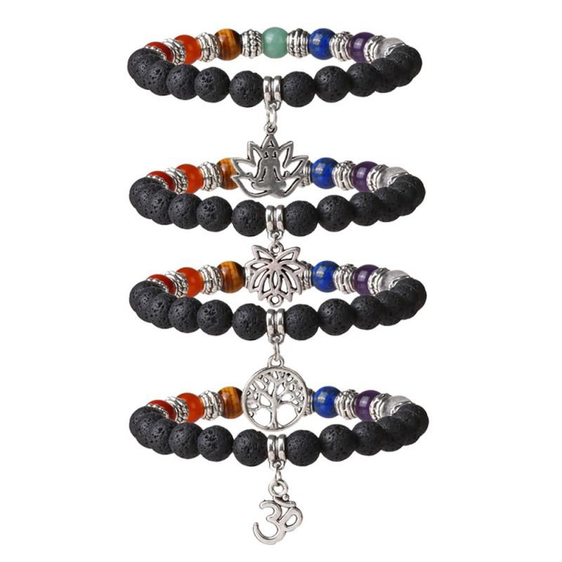 

7 Chakra Lava Stone Aromatherapy Essential Oil Diffuser Reiki Crystal Healing Yoga Meditation Gemstone Beads Pendant Bracelet, Black