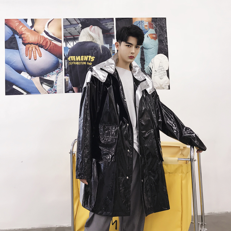 

Casual Men's Trench Jacket Hooded Shiny trench coat Printing Patchwork Long Coat Male Fashion Autumnn Windbreakers, Black