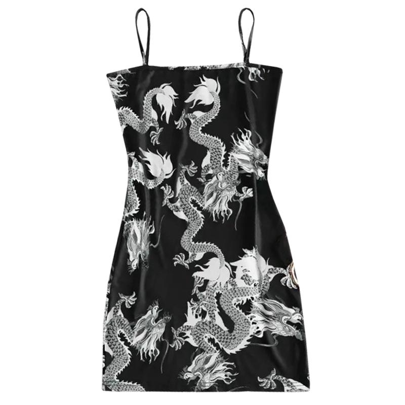Mujer Vestido manga larga tul print dragones Negro | Vestidos Bershka \u003c  Esperando a Christine