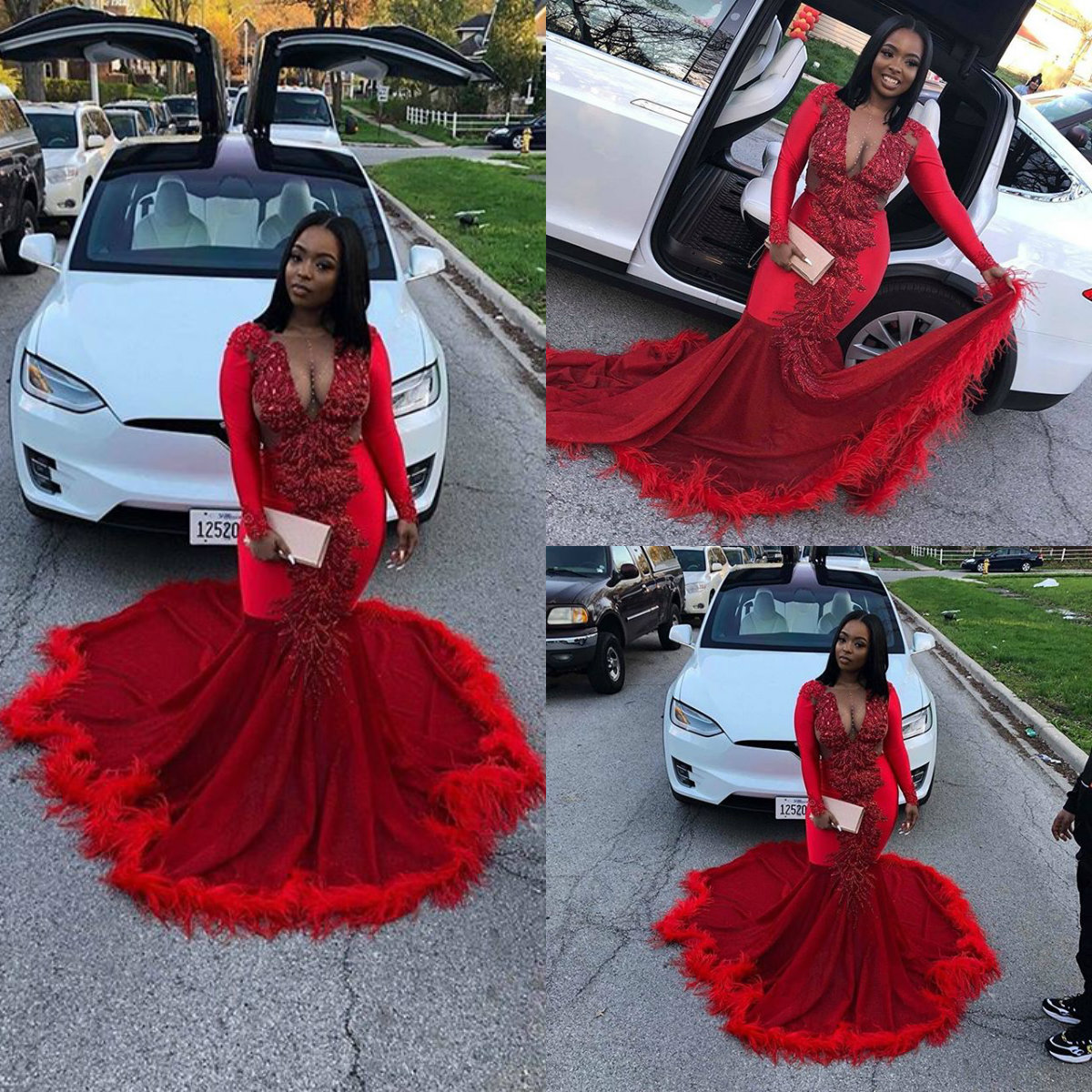 

2019 Red Mermaid Prom Dresses Deep V Neck Lace Sequins Feather Sweep Train Long Sleeve Evening Dress Custom Made Cocktail Party Gowns, Burgundy