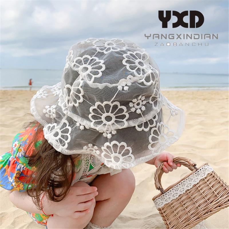 

2020 Children Beach Caps Baby Girls Lace Hats 3-8 Years Kids Flower Beanie Photography Props Hat Princess Style Sun-proof Cap, White