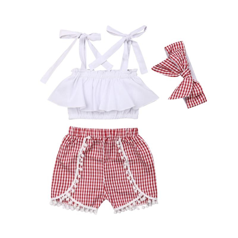 

0-5T Kids Baby Girl Clothes Sets Sleeveless Off Shoulder Ruffle White Tops Crop Red Plaid Shorts Headband 3pcs Outfits