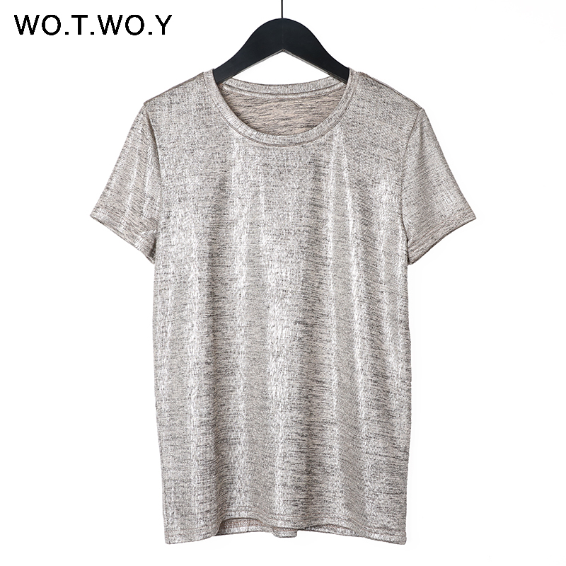 

Summer Sexy Slim O-Neck Short Silver Shiny Lurex Knitted T Shirts WomenSleeve T shirt Woman Solid Tees Harajuku