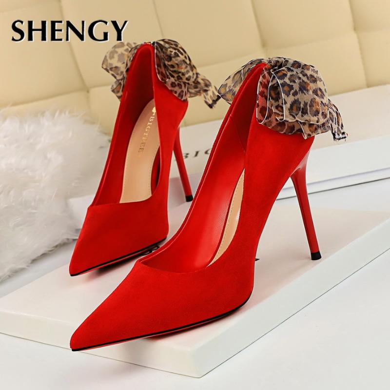 

2020 Casual Leopard Applique Thin High Heels Women Shallow Fashion High Heels 9.5cm Pumps Party Shoes, Yellow