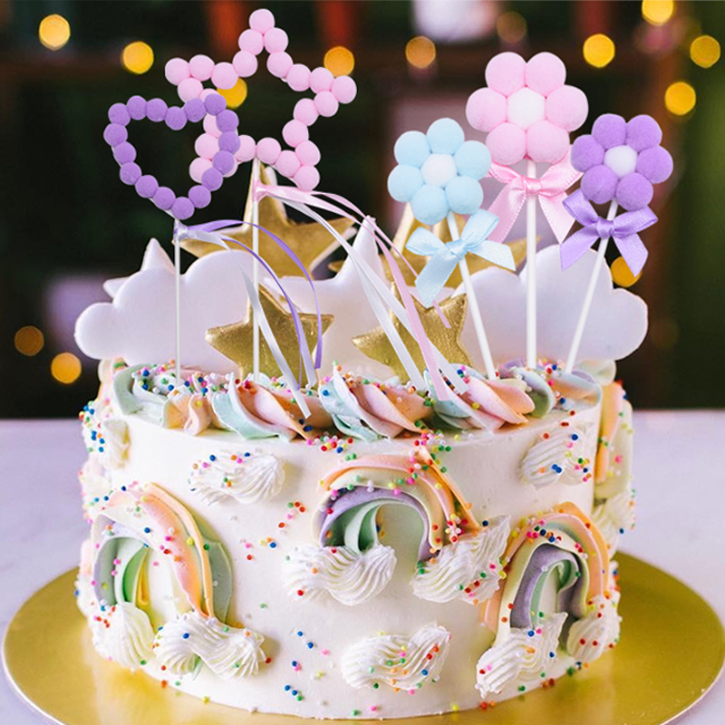 

3pcs Cute Cake Toppers Hearts Star Flowers Hairball Cupcake Toppers Baby Shower Birthday Party Wedding Decor Cake Decor Supplies