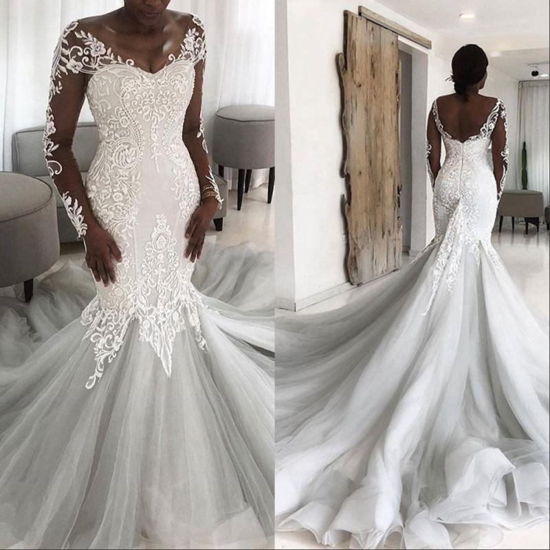 

African Lace Plus Size Mermaid Wedding Dresses Court Train Backless Long Illusion Sleeves Wedding Dress Bridal Gowns Vestidos De Noiva, Orange
