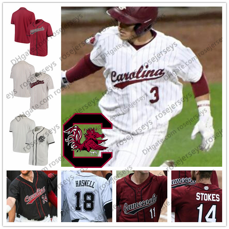 

Custom NCAA Gamecocks #2 Noah Campbell 3 Brady Allen 5 TJ Hopkins 11 Andrew Eyster 41 Cole Ganopulos White Red Black Baseball Jersey, White with red