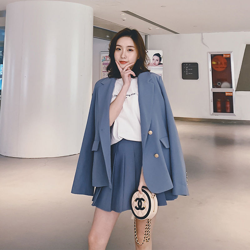 

Bella philosophy Retro Plaid Women Two Piece Set Double Breasted Long Sleeve Blazer Elastic Waist Pleated Skirts Fashion Suit, Blue