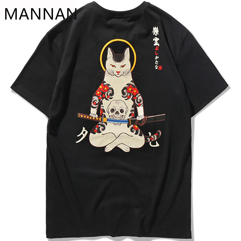 

Mannan 2018 Streetwear Japan Style Ukiyo E Funny Samurai Cat Tshirts Mens Short Sleeve T-shirts Hip Hop Embroidery Tees Y19060601, Black