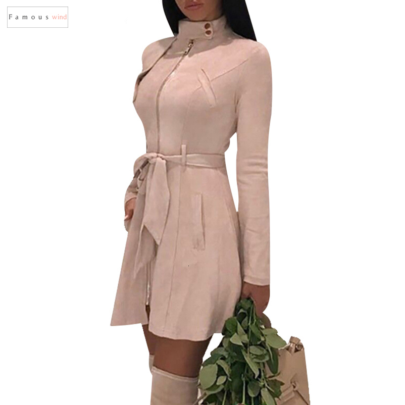 

2Xl Faux Suede Leather Dress Zipper Long Sleeve Autumn Chic Slim Mini Dresses New Vintage A Line Party Dress Belt, Blue