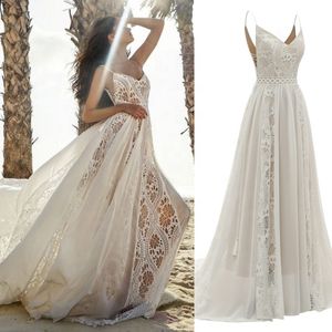 2023 Sexy Backless Beach Boho Vestido de novia Una línea Marfil Encaje Gasa Vestidos de novia largos Correas de espagueti País Bohemio Vestidos de novia Verano