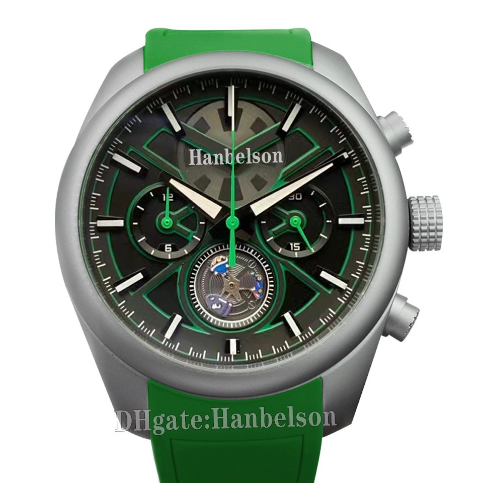 Sport Mens watch Green Flywheel Luminous Quartz mouvement de la batterie chronographe Bracelet en cuir Montre-bracelet 44MM