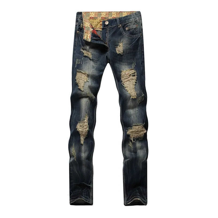 Personalized Ripped Jeans Men's Distressed New Style Straight Slim Fit Casual High Street Fashion Denim Long Pants Male D260902