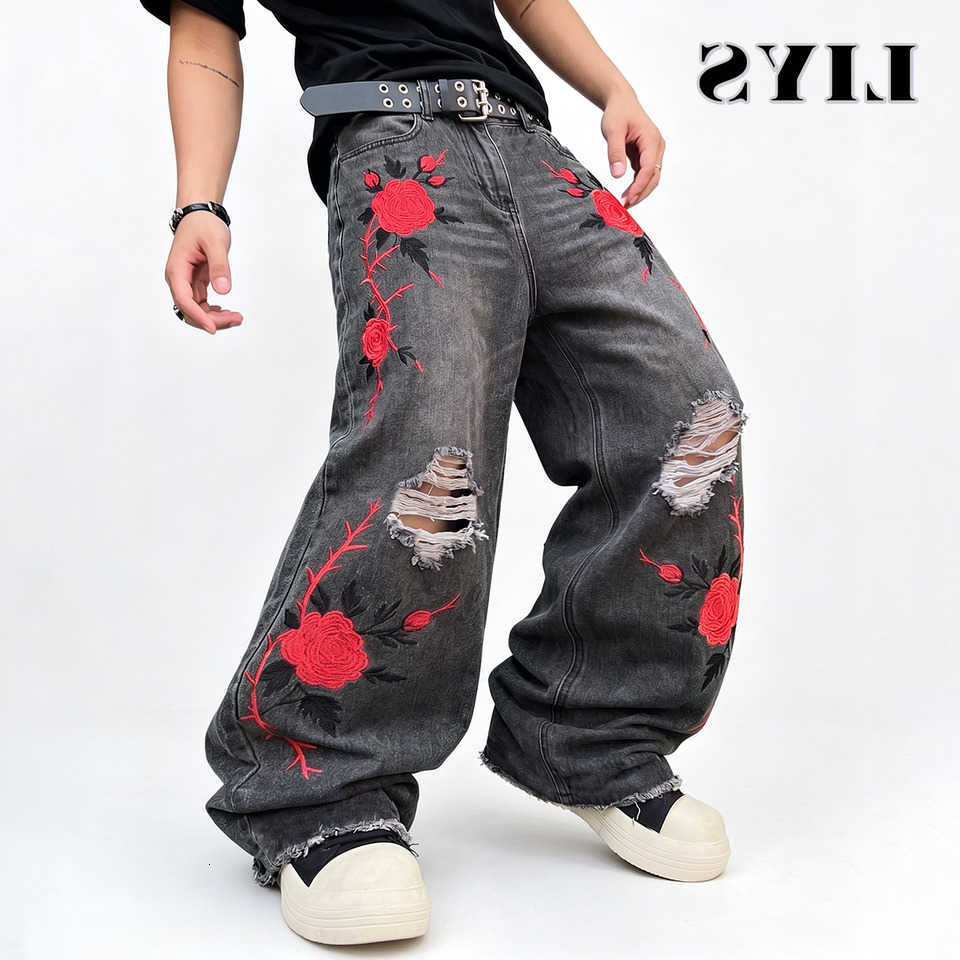 Men Vintage Grey Wash LIYS Red Rose Thorn Embroidery Ripped Baggy Wide Leg Jeans Unisex Y2K Gothic Punk Grunge Denim Pants D260902