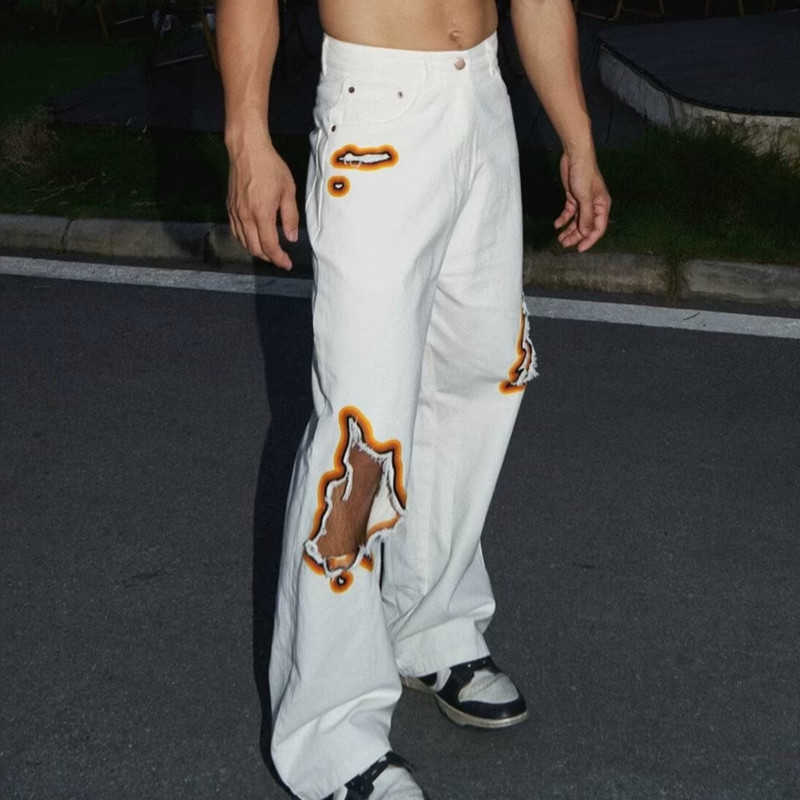 Towel 2026 Streetwear Cyber Y2K Embroidery Ripped White Baggy Jeans Pants For Men Clothes Punk Gothic Long Trousers Ropa Hombre D260902